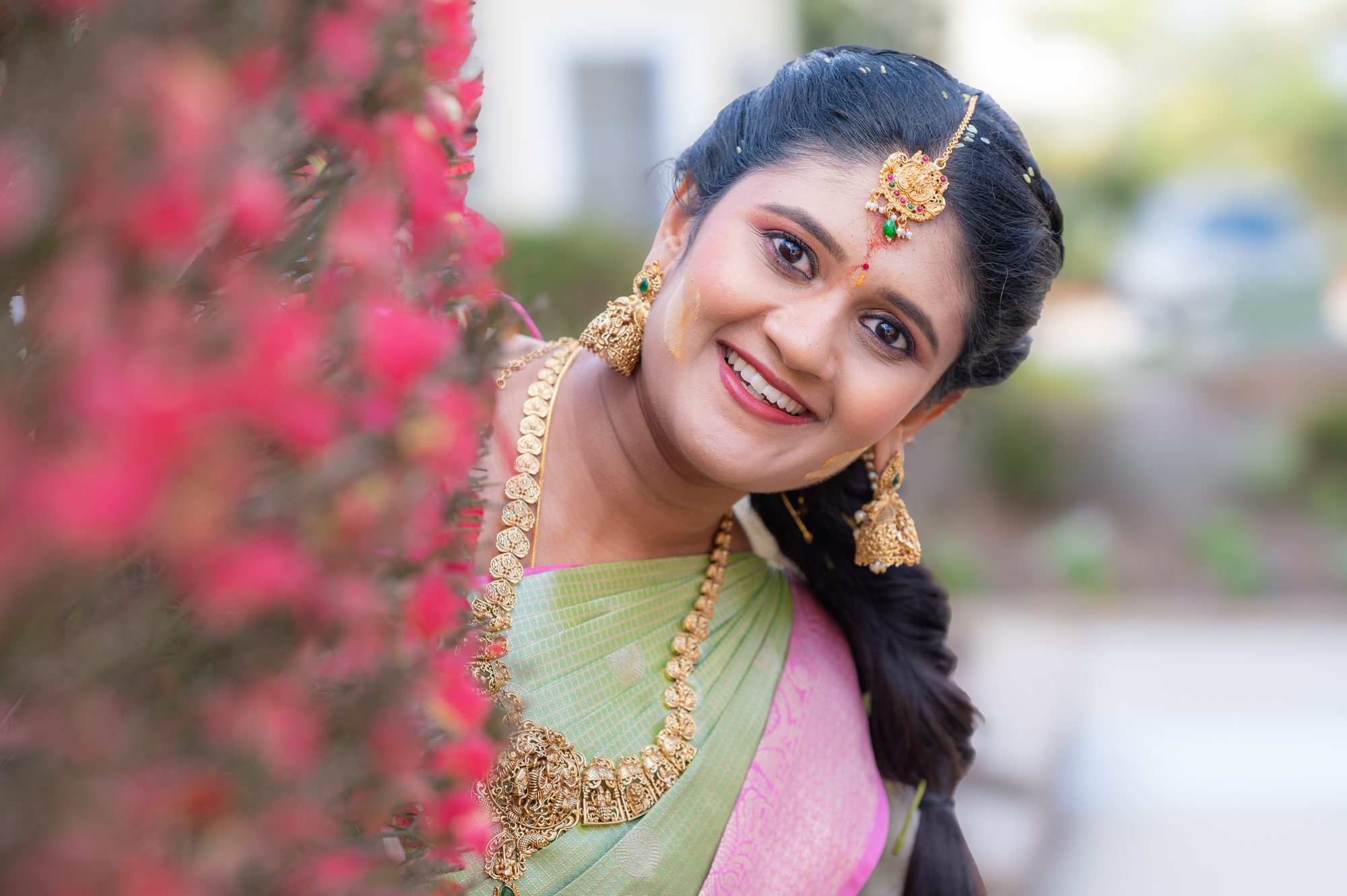 Valaikappu portrait of a mother-to-be in a silk saree, New Jersey